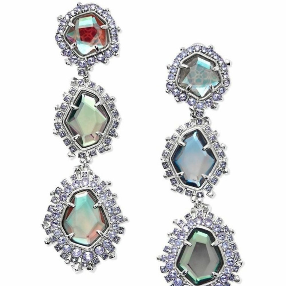 Kendra Scott Aria Silver Dichroic Glass Crystal Clip On Glam Statement Earrings
